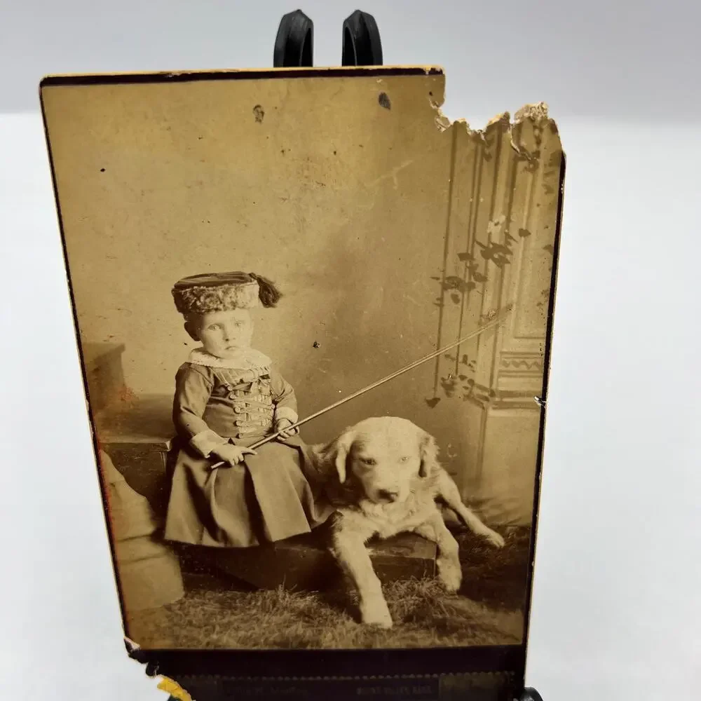 Antique Mounted Card Stock Black White Photo Child Boy Puppy 1800's Photograph‎